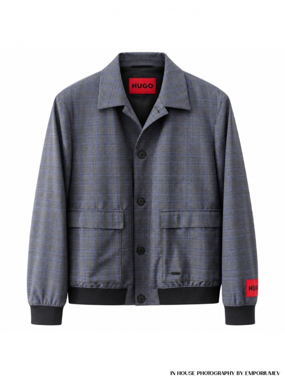 HUGO Hayson224F1X Men's Plaid Bomber Jacket Gray Blue Size 48 NWT 0009